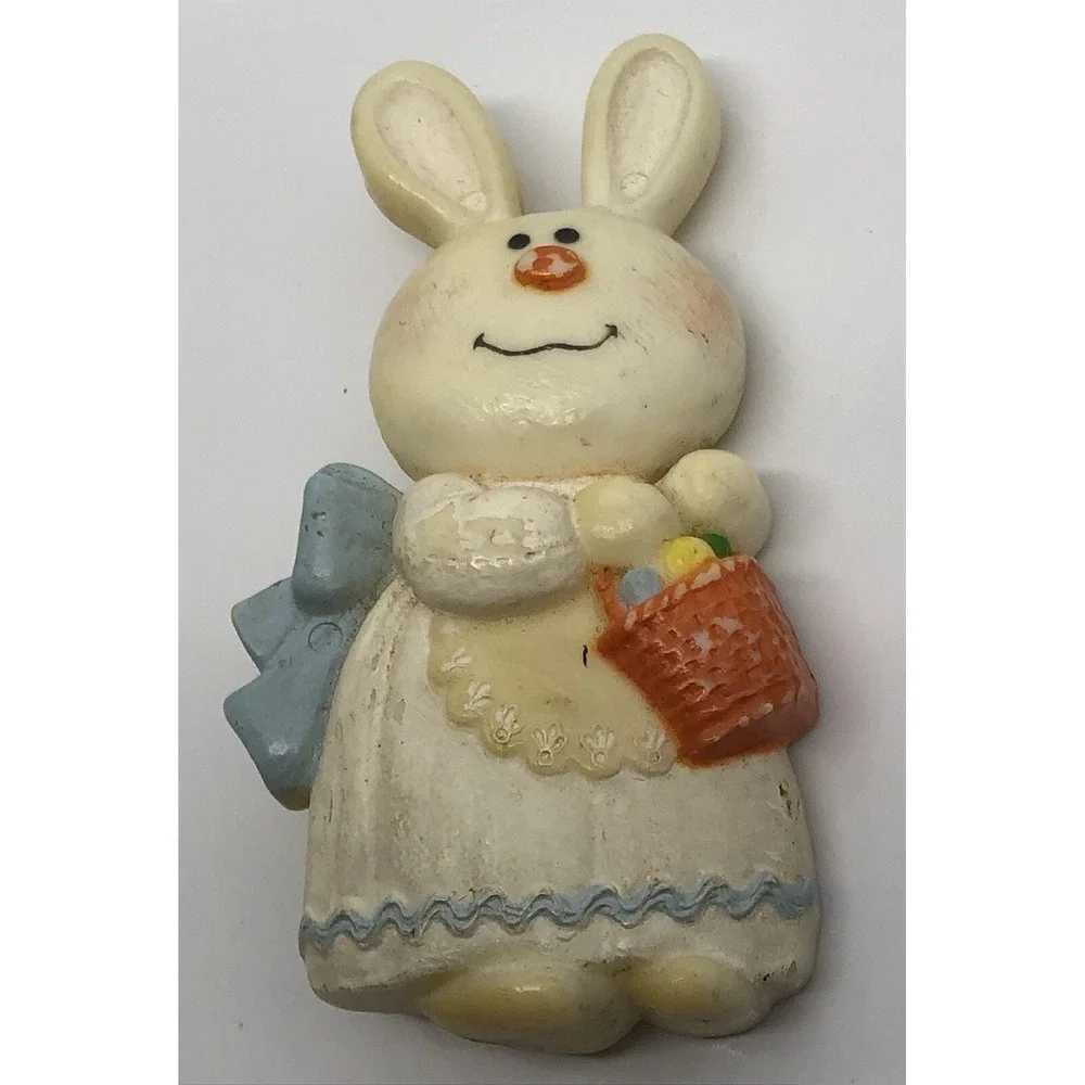 Vintage Hallmark Bernadette‎ Easter Bunny Pin Brooch 1975 Basket Plastic Dress